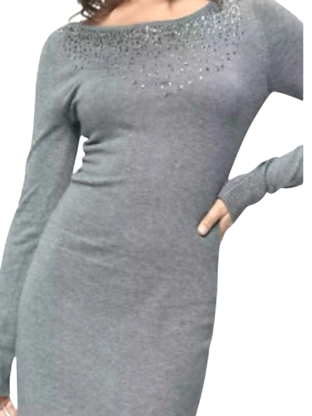 Moda International Gray Sequin Textured Knit Sweater Dress M